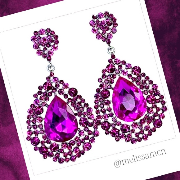 Prom Pageant Bridal Jewelry - Fuchsia Crystal Formal Chandelier Earrings Pageant Party Prom Bridal